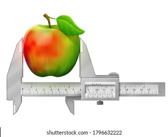 Horizontal caliper measures apple fruit. Concept of apple with leaf and measuring tool