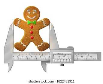 Horizontal caliper measures gingerbread man. Concept of holiday cookie decorated colored icing and measuring tool