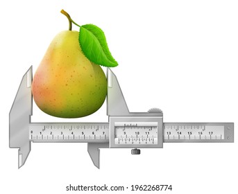 Horizontal caliper measures ripe pear fruit. Concept of raw pear with leaf and measuring tool