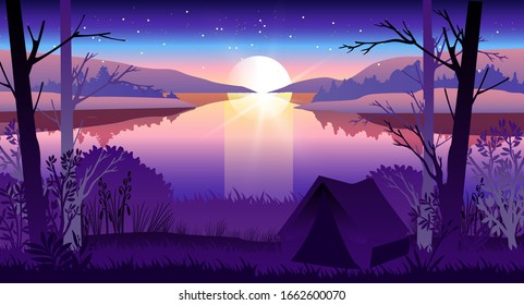 Fondo horizontal de acampada con luna llena, árboles, silueta de carpa y lago. Paisaje forestal panorámico con bivouac. Vacaciones al aire libre de verano y concepto de caminatas para publicidad, pancartas