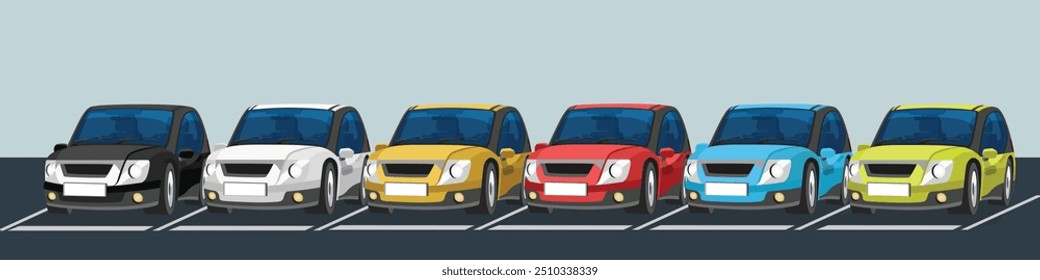 Horizontal de carro alinhado linha de carros novos em uma variedade de cores para escolher a partir de cor. Compre novos carros compactos. Estacionado em uma área de asfalto com linhas divisórias contra um fundo azul claro.