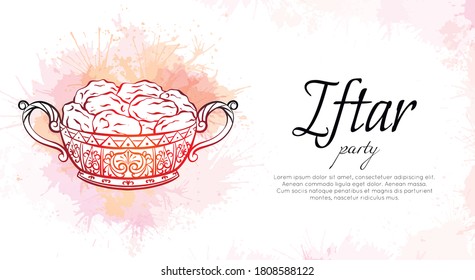 Horizontal card with coloring illustration of dates in a luxurious gold vase with watercolor splashes and place for text. Festive treat for Ramadan kareem. Vector outline element for menu, invitation