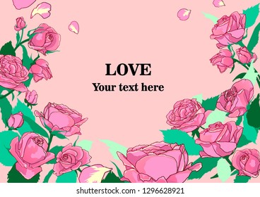 
Horizontal card with a composition of roses and petals