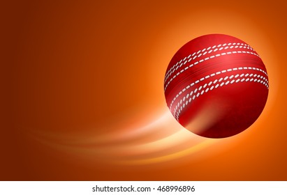 Horizontal Card for Cricket Club with Flying Red Cricket Ball on Orange Background. Realistic Editable Vector Illustration. 