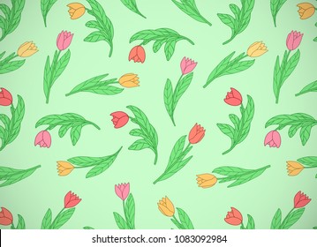 Horizontal card with cute cartoon colored flowers, tulips on green background. Good for pattern fills, surface design, textile, fabric, wrapping paper, backdrops, wallpapers and covers