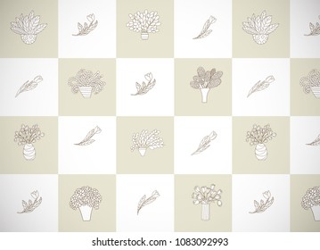 Horizontal card with cute cartoon plants and flowers in pots and tulips. Checkered background. Good for pattern fills, surface design, textile, fabric,  wrapping paper, backdrops, wallpapers and cover