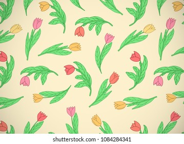 Horizontal card with cute small cartoon colored flowers, tulips on yellow background. Vector illustration.