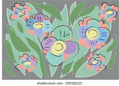 Horizontal card with flowers in hand drawn style. Design for poster, card, invitation, placard, brochure. Vector. Isolated.