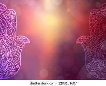 Horizontal card with Hamsa with boho pattern on blurred sunrise seascape. Buddhas hand. Vector template for your banner, greeting card and your design.  