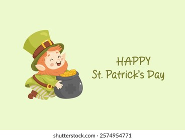 Horizontal card happy St. Patrick. Cute leprechaun hugging a pot of gold .