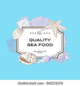 Horizontal card in marine style with seashell, starfish and coral. Sea background. Vector illustration for design wedding, invitation, travel, card, template. Vintage style, hand drawn technique.