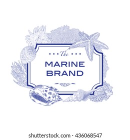Horizontal card in marine style with seashell, starfish and coral. Sea background. Vector illustration for design wedding, invitation, travel, card, template etc. Vintage style, hand drawn technique

