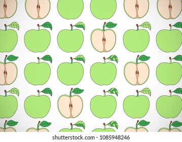Horizontal card. Pattern with cartoon green apples. Vector illustration. 