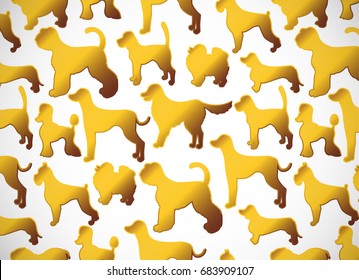 Horizontal card. Pattern with cute cartoon gold dog silhouettes. Different breeds. Vector illustration. Good for greeting cards, surface design, wrapping paper, decoupage, wallpapers, textile.  