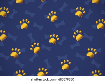 Horizontal card. Pattern with gold or yellow metallic  paws on dark blue background with bones. Good for surface design, wrapping paper, greeting card, textile, fabric, wallpaper.