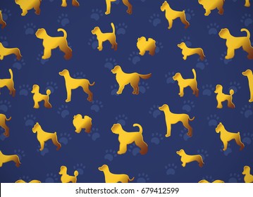 Horizontal card. Pattern with yellow gold dogs on dark blue background with paws. Different breeds. Good for greeting cards, wrapping papers, textile, fabric, invitations. 