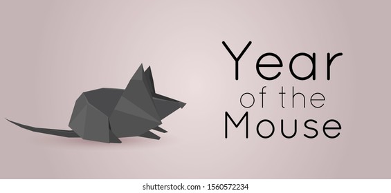 Horizontal card with polygonal mouse. 3d paper origami rat. New Year symbol. Congratulatory banner. Vector element for greeting cards, banners and your design.