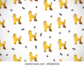 Horizontal card. Seamless pattern with cute cartoon gold dog silhouettes. Breed poodle. Vector illustration. Good for greeting cards, surface design, wrapping paper, handmade, decoupage, 