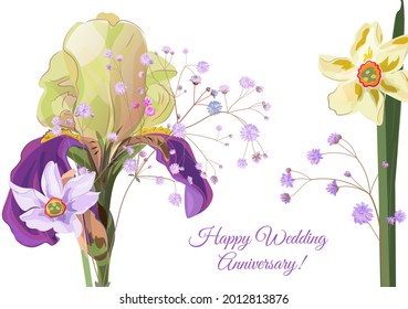 Horizontal card for wedding anniversary. Iris, daffodil (narcissus), gypsophile: blue, purple flower, white background. Templates for design, vintage botanical illustration in watercolor style, vector