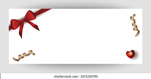 horizontal card with white background. Red bow and ribbon. Bannet for congratulations with the Wedding, St. Valentine's Day, Birthday. Vector.