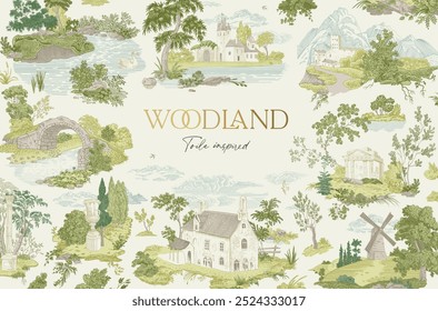 Cartão horizontal. Woodland. Toile inspirado. Ilustração do vetor vintage. Verde. NÃO gerado AI