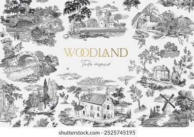 Horizontal card. Woodland. Toile inspired. Vector vintage illustration. Black and white. NOT AI generated 