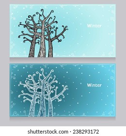 Horizontal cards with winter trees and snow. Vector illustration.