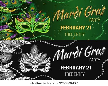 Horizontal carnaval green banner with mask, feathers, golden text. Template for Mardi Gras carnival, party in vintage style. Illustration inside of clipping mask. Detailed illustration
