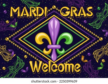 Horizontal carnaval poster with fluer de lis symbol, outline masquerade masks, confetti, beads, text. Design for Mardi Gras carnival, party in vintage style. Detailed illustration