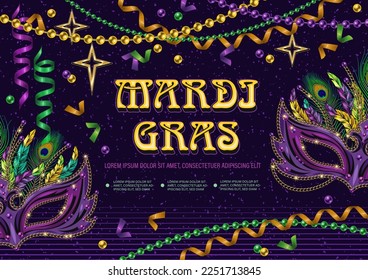 Horizontal carnaval poster with masquerade masks, golden stars, confetti, beads, streamer, spiral ribbons, text. Design for Mardi Gras carnival, party. Detailed illustration