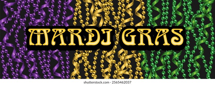 Horizontal carnival banner with vertical hanging strings of beads, streamer ribbons, text Mardi Gras. Backdrop, photo booth design for festival, carnival, party, holiday events