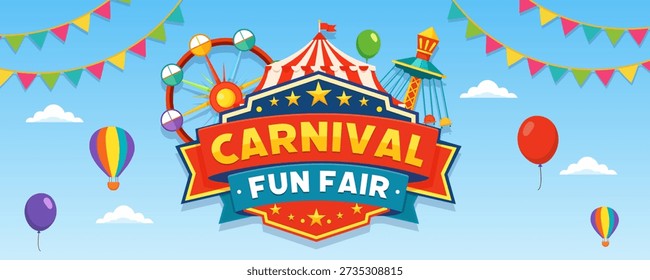 Horizontal carnival fun fair banner featuring circus tent balloons ferris wheel and festive decorations ideal for event headers promotions and announcements.