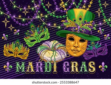 Horizontal carnival poster with golden venetian masquerade mask, beads, king cake, sparkles garland, glossy text. Holiday design for Mardi Gras photo booth, events, festival, party. Vintage style. A4