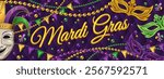 Horizontal carnival poster with half masks, comedy mask in jester harlequin hat, pennants garland, strings of beads, text. Ticket, invitation design for Mardi Gras carnival, party in vintage style