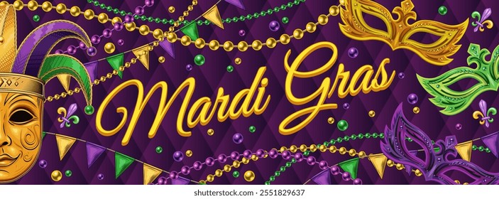 Horizontal carnival poster with half masks, golden venetian mask in jester harlequin hat, pennants garland, beads, text. Ticket, invitation design for Mardi Gras carnival, party in vintage style