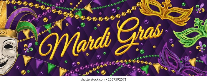 Horizontal carnival poster with half masks, comedy mask in jester harlequin hat, pennants garland, strings of beads, text. Ticket, invitation design for Mardi Gras carnival, party in vintage style