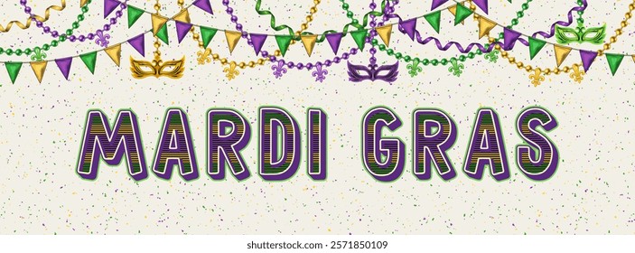 Horizontal carnival poster with half masks, golden venetian mask in jester harlequin hat, pennants garland, beads, text. Ticket, invitation design for Mardi Gras carnival, party in vintage style