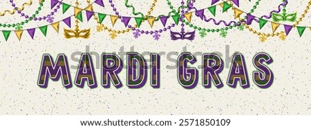 Horizontal carnival poster with half masks, golden venetian mask in jester harlequin hat, pennants garland, beads, text. Ticket, invitation design for Mardi Gras carnival, party in vintage style