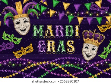 Horizontal carnival poster with jester masquerade masks, beads, pennant garland, sparkles, glossy text. Holiday design for Mardi Gras photo booth, events, festival, party. Vintage illustration A4