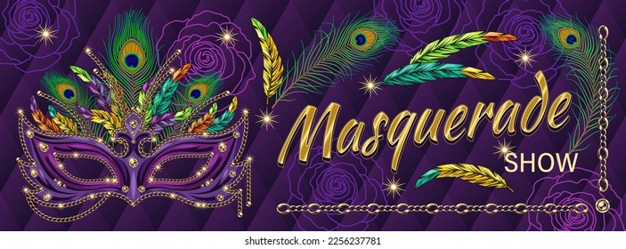 Afiche horizontal de carnaval con máscara de lujo, cadenas de oro de joyería, estrellas, texto show de Masquerade. Cuadrícula rombólica de volumen clásico en el fondo. Billete, diseño de invitación para el carnaval, fiesta de estilo vintage