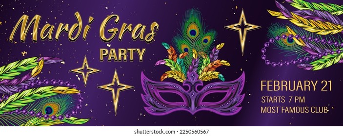 Horizontal carnival purple banner with mask, feathers, golden text. Template for Mardi Gras carnival, party in vintage style. Illustration inside of clipping mask. Detailed illustration
