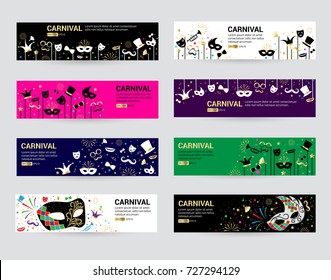 Horizontal carnival web banner masks celebration festive carnaval masquerade background festival flyer vector illustration.