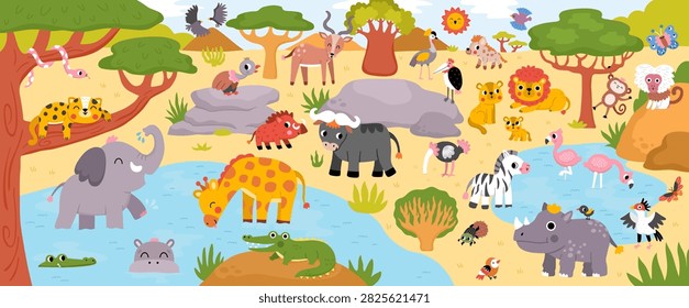 Horizontal cartoon African animals border background. Nature savanna landscape with trees, plants, birds, insects. Safari wildlife panorama scene with lake, cliff, baobabs, acacias, elephant, giraffe