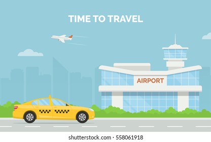 Horizontal cartoon banner with airport terminal taxi car and a plane taking off in the background a city skyline. Vector flat design illustration of modern airport building and taxi service transfer