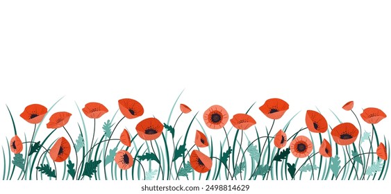 Horizontal cartoon banner with gorgeous multicolored blooming flowers, leaves border. Spring or summer botanical vector illustration with different poppy flowers on white background with empty space.