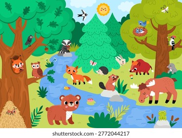 Horizontal cartoon forest animals background. Nature woodland landscape with trees, plants, birds, insects, bear, fox, elk, boar. Wildlife scene with stream, beaver, frog, raccoon, mole, squirrel
