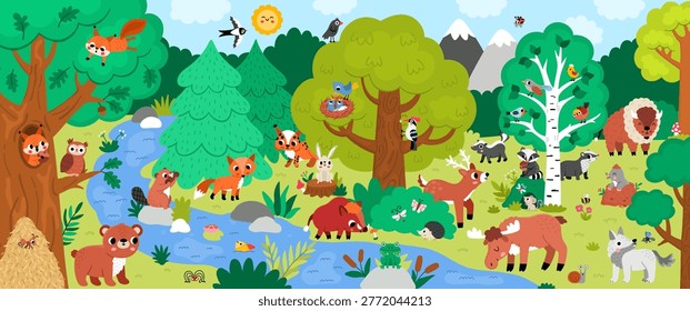 Horizontal cartoon forest animals border background. Nature woodland landscape with trees, plants, birds, insects, bear, fox, elk, bison. Wildlife panorama scene with stream, beaver, frog, raccoon
