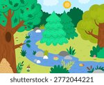 Horizontal cartoon forest border background. Empty nature woodland landscape with trees, plants, stream, bushes, acorn, fir tree. Wild thicket panorama scene with anthill, mushrooms, river
