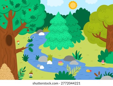 Horizontal cartoon forest border background. Empty nature woodland landscape with trees, plants, stream, bushes, acorn, fir tree. Wild thicket panorama scene with anthill, mushrooms, river
