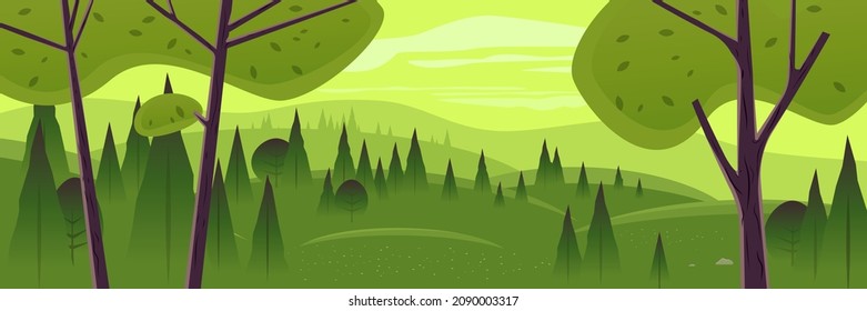 horizontal cartoon illustration of a green landscape